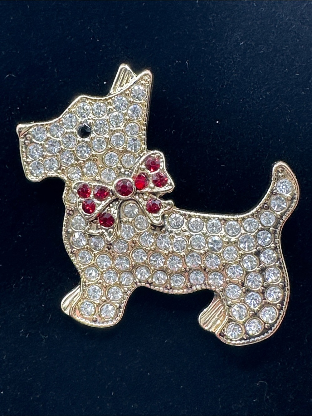 Monet Rhinestone Dog Brooch Pin with Red Bow - Elegant Pet-Inspired Jewelry